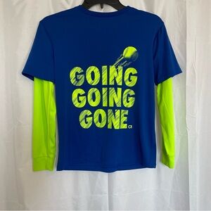 GAP FIT Boys Blue Neon Green Going Going Gone Baseball Long Sleeve Shirt Large
